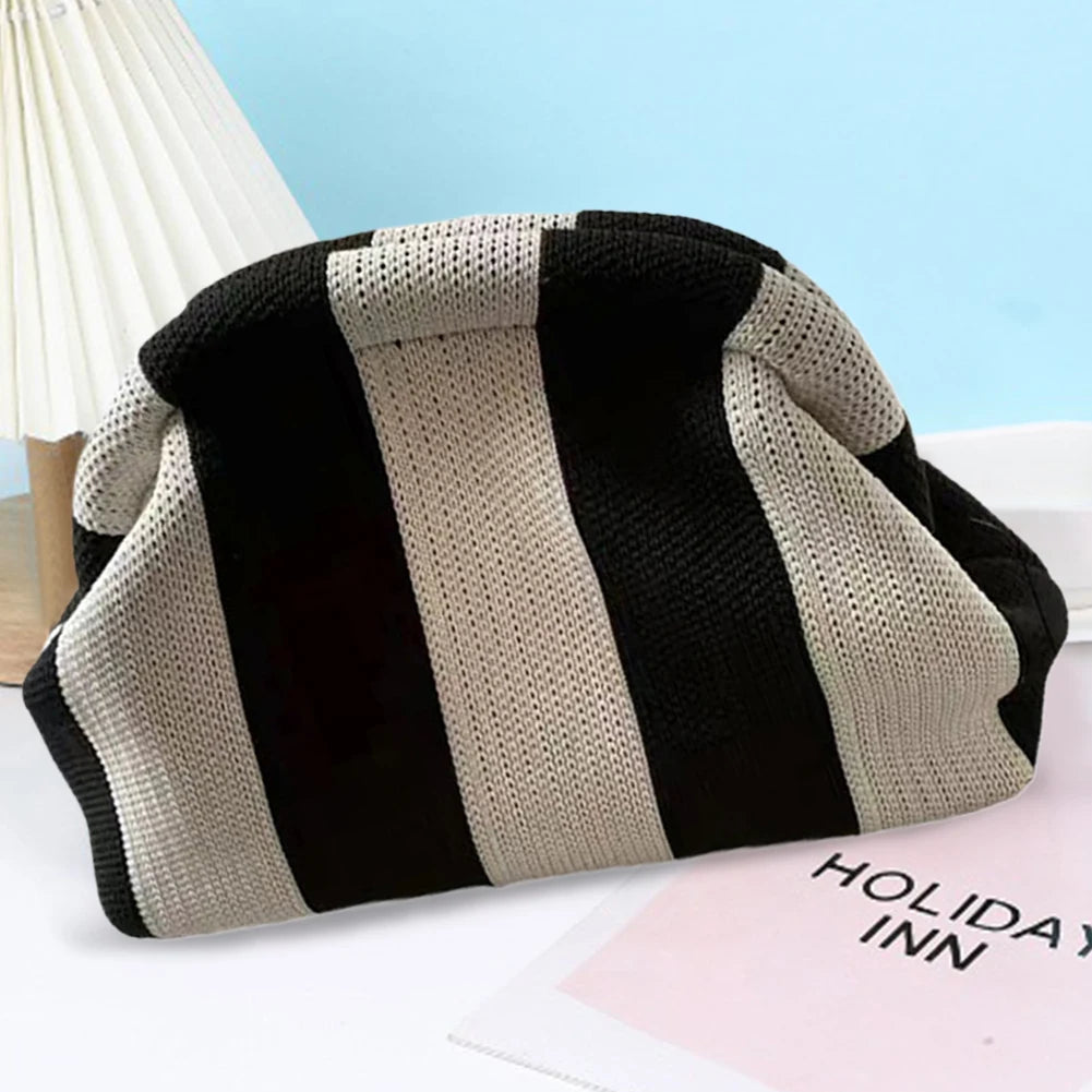 Women Knit Stripe Purse Contrast Color Small Crochet Handbag Knitting Dumpling Clutch Summer Beach Bag