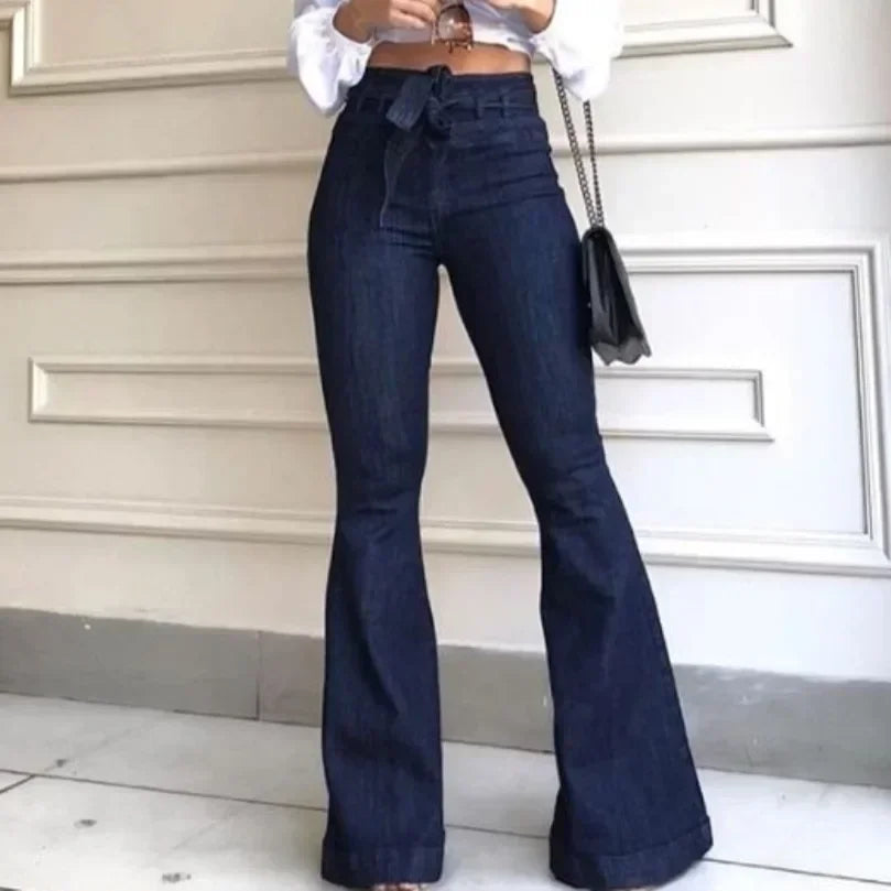 Women Jeans Solid Color High Waist Flare Pants Zipper Fly Flat Pockets Streetwear Slim Patchwork Button Slight Strech Belt