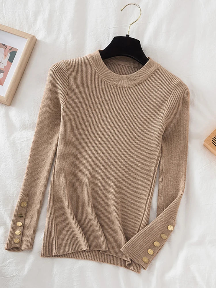 2025 women thick sweater pullovers khaki casual autumn winter button o-neck chic sweater female slim knit top soft jumper tops