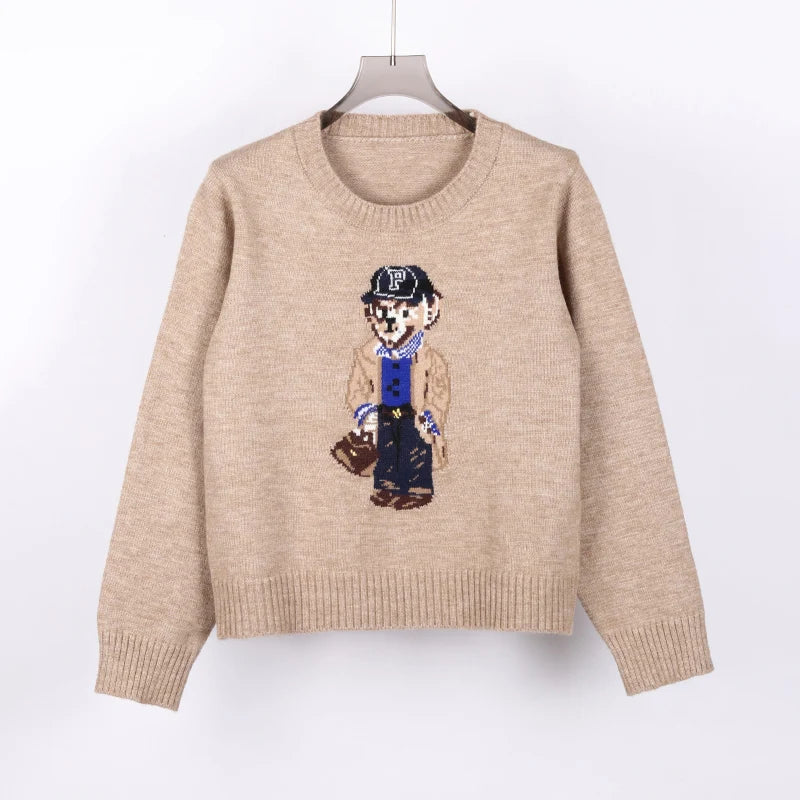 Crochet Bear Knit Sweater Pullover Women Jacquard Knitwear 2024 Autumn Winter RL Tops Coat Luxury Designer Brand Lauren Clothing