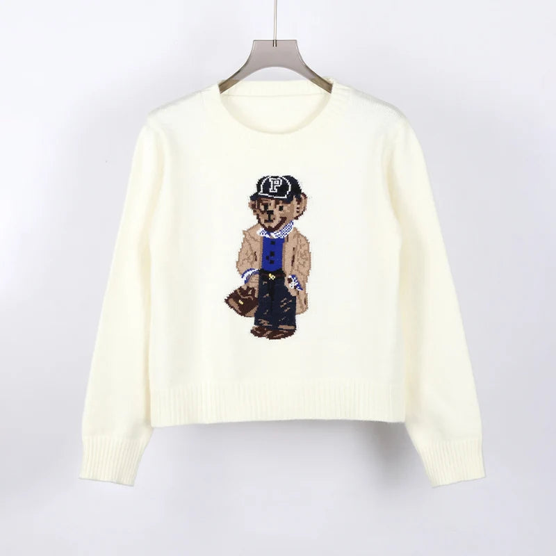 Crochet Bear Knit Sweater Pullover Women Jacquard Knitwear 2024 Autumn Winter RL Tops Coat Luxury Designer Brand Lauren Clothing