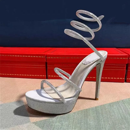 Bling Rhinestone Women's High Heel Sandal Waterproof Platform Ankle Wrapped Slim Heel Sandals Wedding Party Heels 14cm