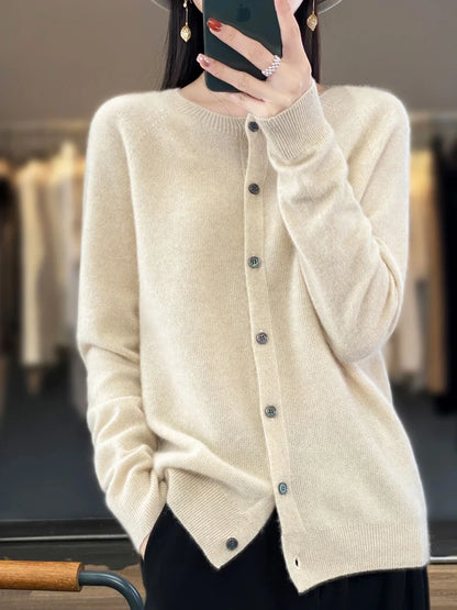 Long Sleeve 100% Merino Wool Sweaters Cashmere Cardigan Spring Autumn Women O-Neck Knitwear Tops Clothing Fashion Basic Tops