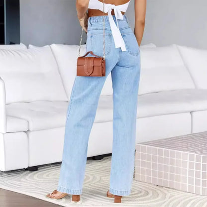 Jeans Women Denim Pant Wide Leg Long Pants Straight Trousers High Waist Elegant Y2k Button Pocket Simple Casual Loose Streetwear