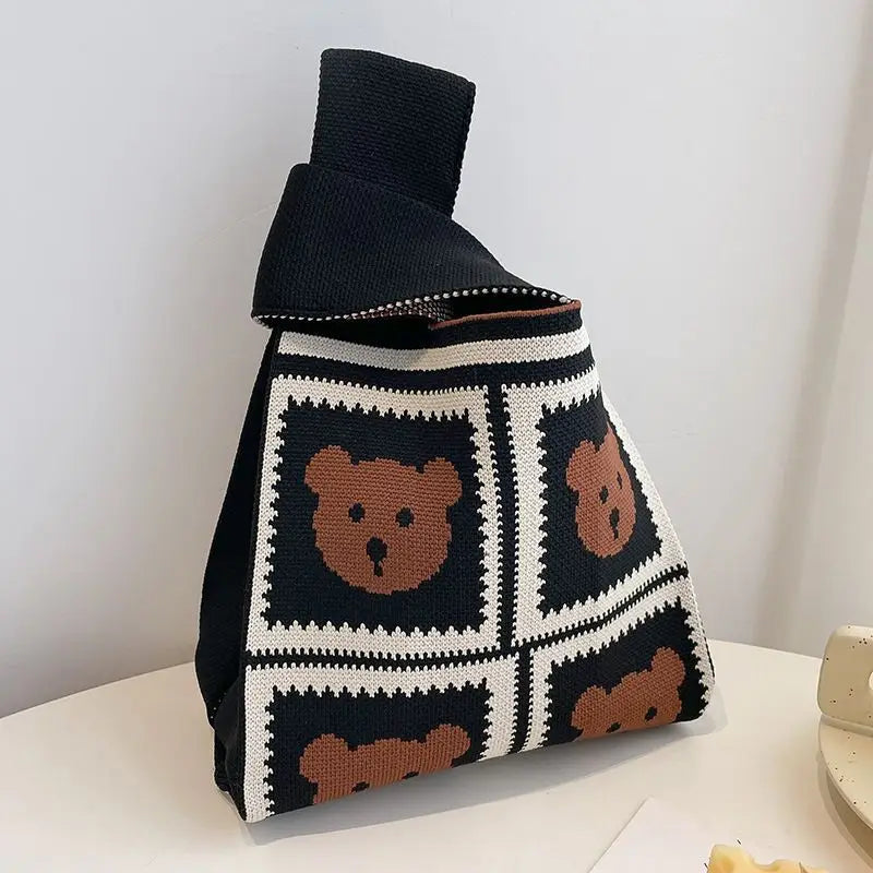 Handmade Knit Handbag Women Mini Knot Wrist-bag Female Casual Color Wide Stripe Plaid Tote Bag Student Reusable Shopping Bag