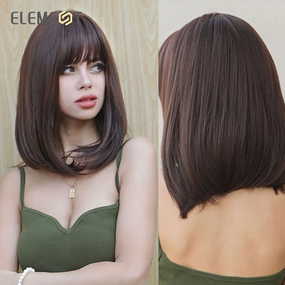 Element 16 Inch Synthetic Wig With Bangs Natural Headline Ombre Brown Color Fashion Cosplay Party Replacement Wigs for Women