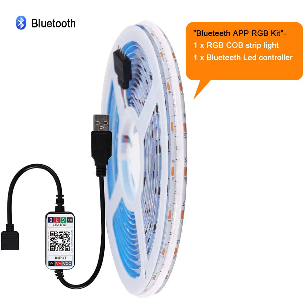 5V USB RGB COB LED Strip Light Wifi Bluetooth-compatible Remote Control 24key 44key Kit 576 LEDs Flexible Tape Linear Lighting