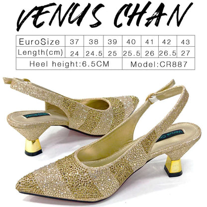 Venus Chan 2024 Hot Selling INS Pointed-Toe Luxury Style High Heels Sandal With Bag Set in Gold Color For Wedding Party Women