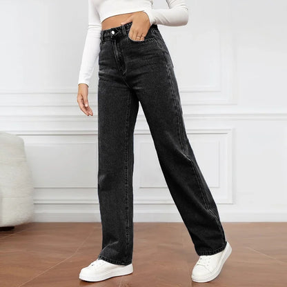 Women Jeans Straight Pants Denim Washing High Waist Loose Fit Pockets Basics Ankle Length Pants Solid Color Slight Strech