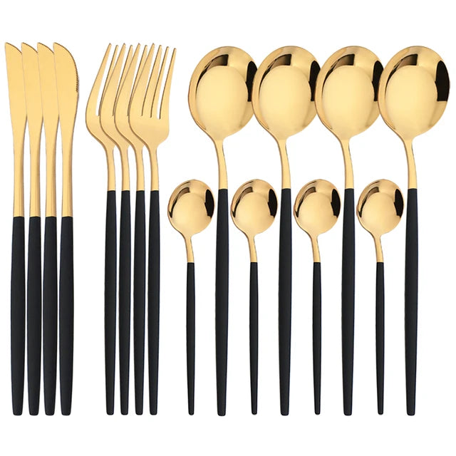 16Pcs Dinnerware Set Stainless Steel Tableware Mirror Dinner Black Cutlery Set Knife Fruit Fork Spoon Silverware Kitchen Set