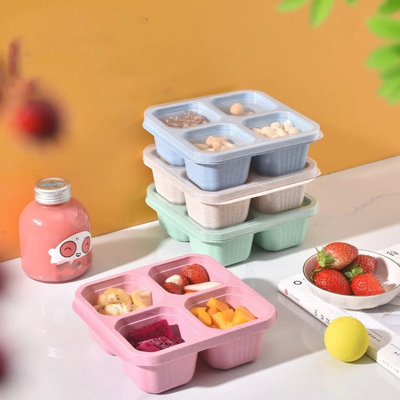 Square Divider Bento Box Reusable 4-compartment Food Container Snack Nuts With Lid Wheat Straw Lunch Box Kitchen Supplies