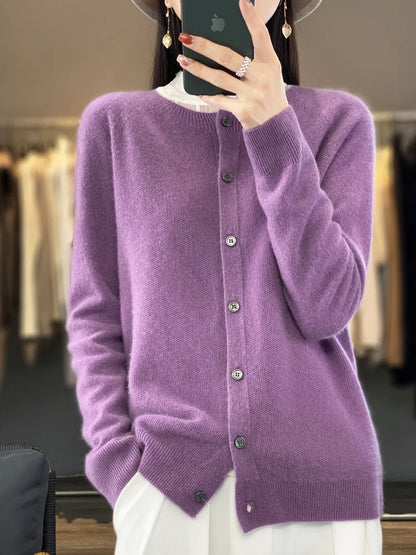 Long Sleeve 100% Merino Wool Sweaters Cashmere Cardigan Spring Autumn Women O-Neck Knitwear Tops Clothing Fashion Basic Tops