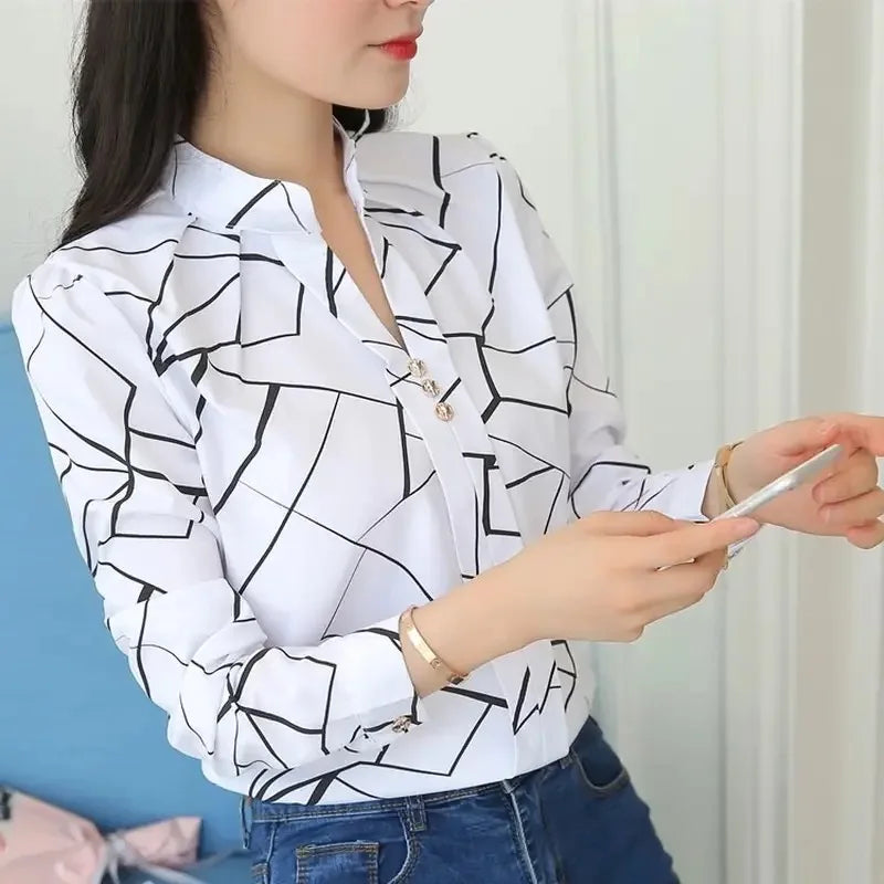 Women White Tops Blouses Fashion Stripe Print Casual Long Sleeve Office Lady OL Shirts Slim Blusas DF4970