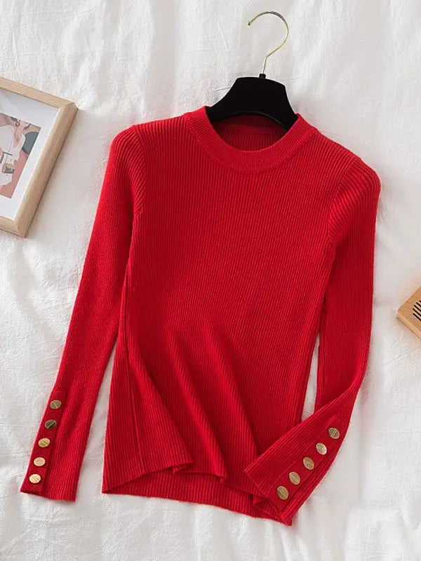 2025 women thick sweater pullovers khaki casual autumn winter button o-neck chic sweater female slim knit top soft jumper tops