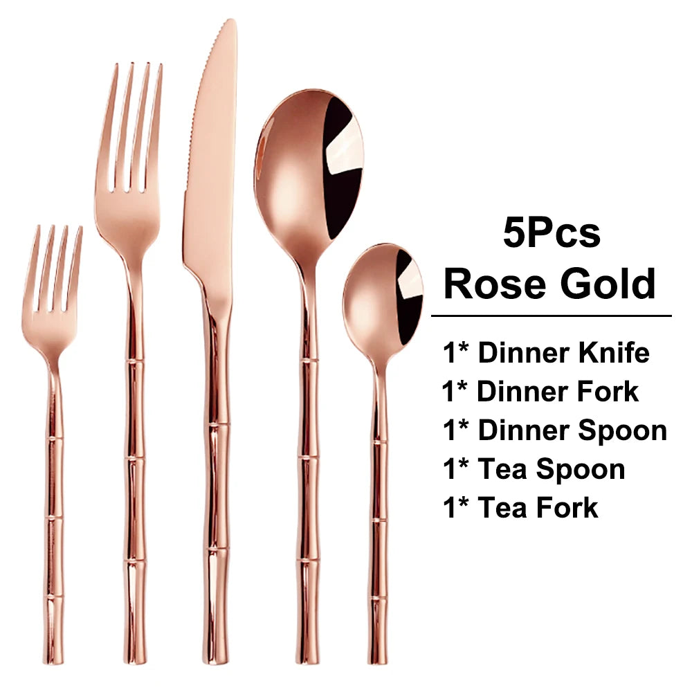 10/15/20/25/30pcs Sliver Dinner Set Stainless Steel Western Tableware Mirror Cutlery Bamboo Style Spoon Fork Kitchen Utensils