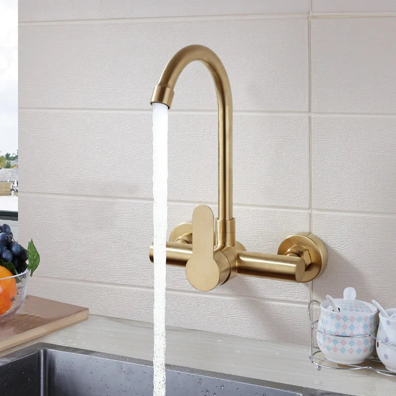 Kitchen Brushed Gold Wall Mounted Faucet Rotation Stainless Steel Lead Free Sink Water Mixer Tap Griferia Para Cocina