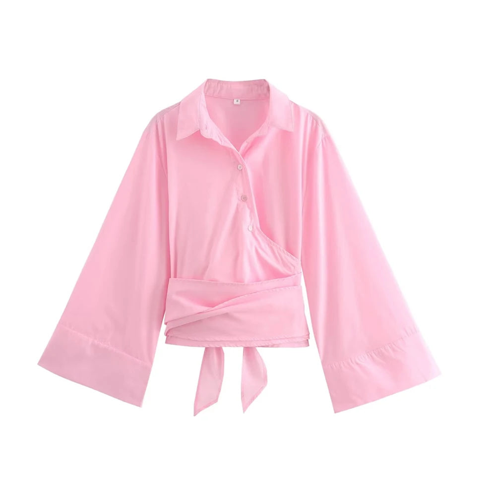 TRZA-Women's Long Sleeve Kimono Blouses With Bow Tie, Front Button, Female Shirts, Chic Tops, Fashion