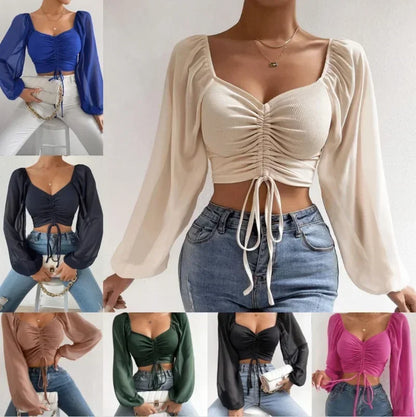 Sexy V-neck Women T Shirt Casual Drawstring Crop Tops Tee Ladies Blusas Summer Short Tshirt Woman Clothes Long Sleeve T Shirt