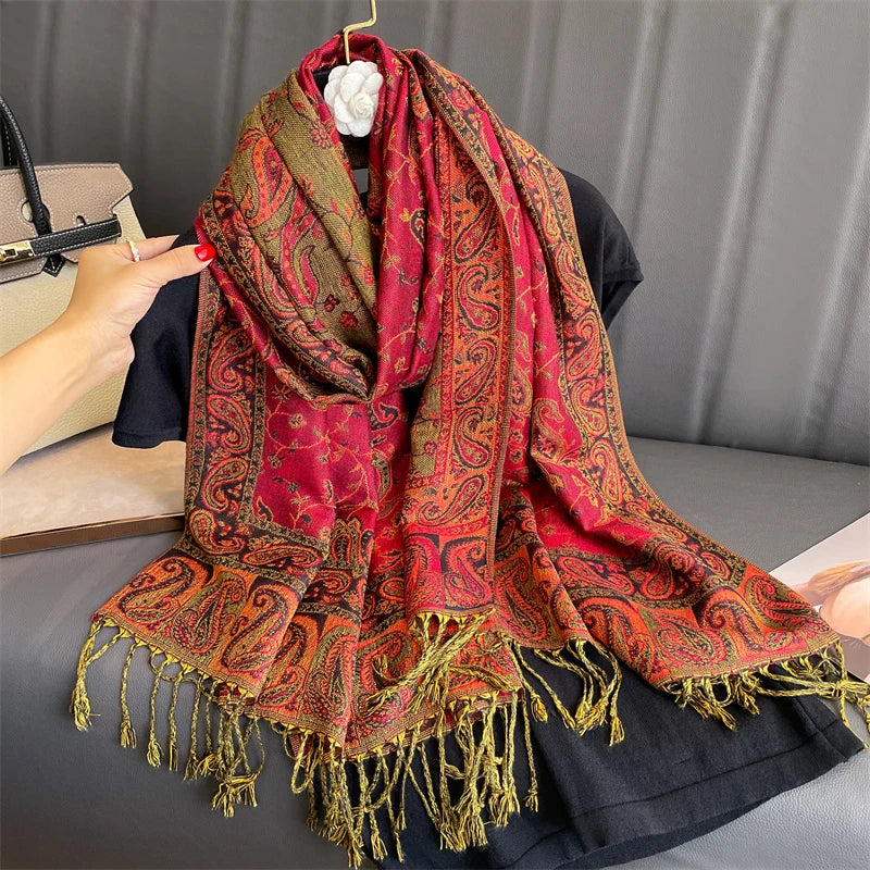 Autumn Stylish Jacquard Tassel Scarf Vintage Mature Paisley Print Shawl Going Out Warm Windproof Blanket Scarf