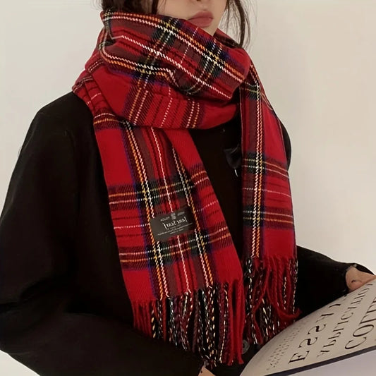 Red Tartan Tassel Scarf Stylish Vintage Decoration Neck Scarf Autumn Winter Coldproof Warm Unisex Wrap Scarf Hijab Stoles