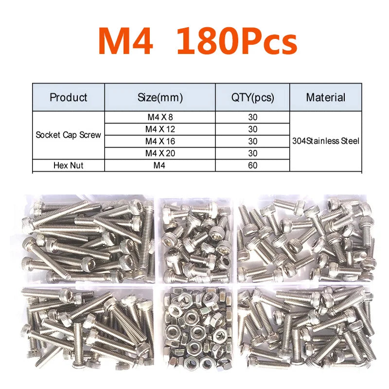 420/210/180/110/75PCS 304 Stainless Steel Allen Hexagon Hex Socket Cap Head Screw Bolt and Nut Set M2 M2.5 M3 M4 M5 M6 M8 Kit