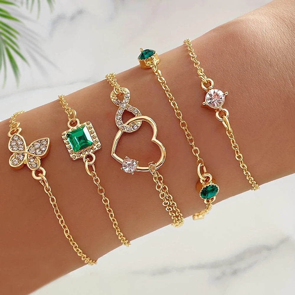 4 Piece Set Women Retro Green Diamond Square Bracelet Versatile Diamond Bracelet Fashionable Versatile Personalized Accessory