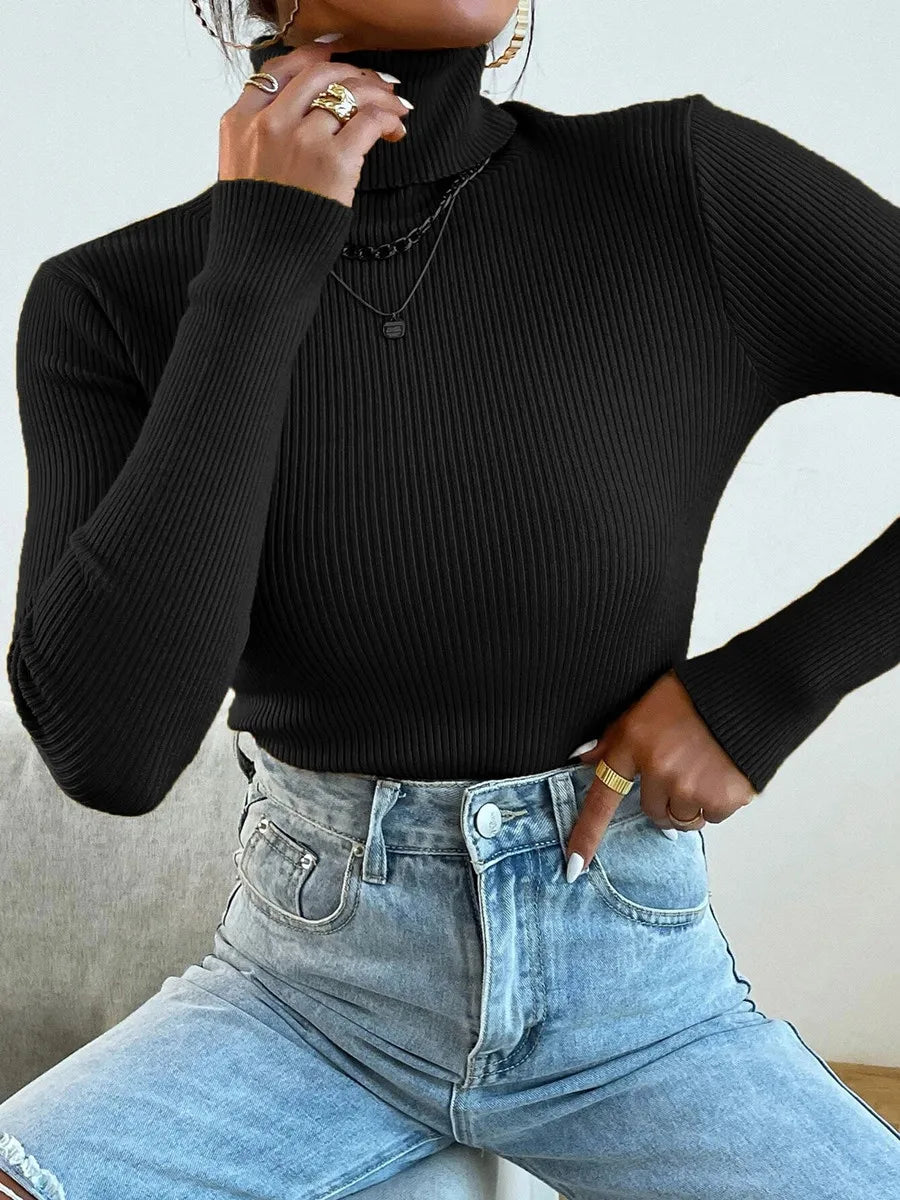 2025 Autumn Winter Women Knit Solid Turtleneck Pull Sweater Casual Rib Jumper Tops Female Home Pullover Y2K Clothing