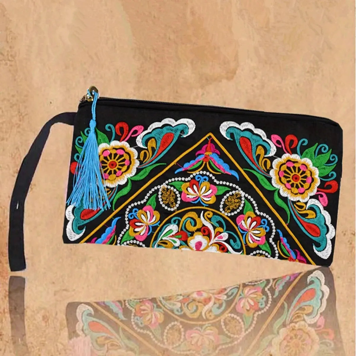 Ethnic Floral Embroidery Square Wallet with Wristlet Clutch Evening Bag - Perfect for Organizing Your Cell Phone and Essentials