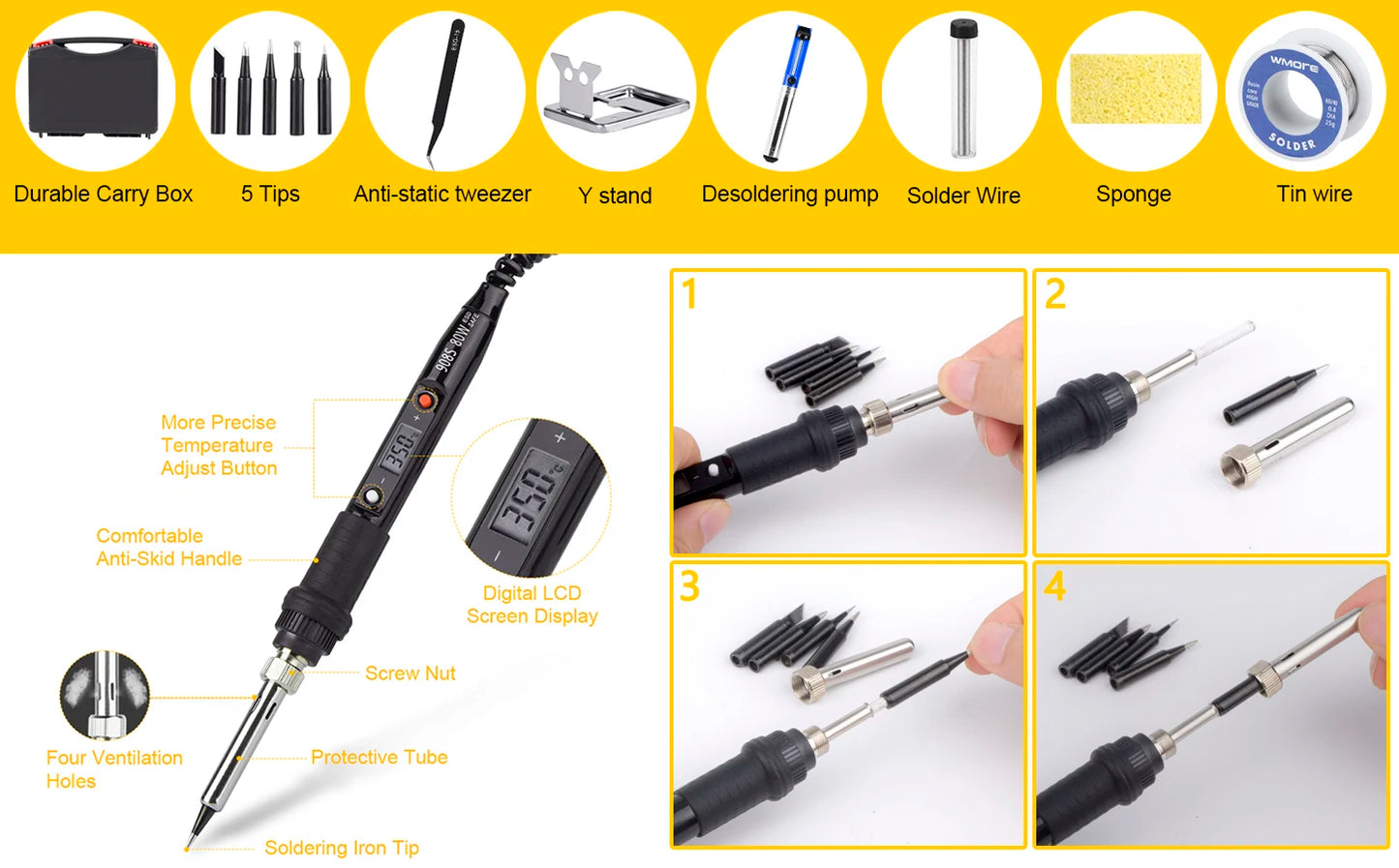 JCD Electric Soldering Iron Kit 80W LCD Digital Display Adjustable Temperature 220V/110V Solder Iron Welding Repair Tools 908S