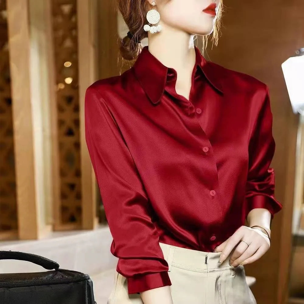 2024 Summer Trend Fashion Women's Casual Elegant Satin Long Sleeved Shirt Office Women's Shirts And Blouses Slim Femal Clothes