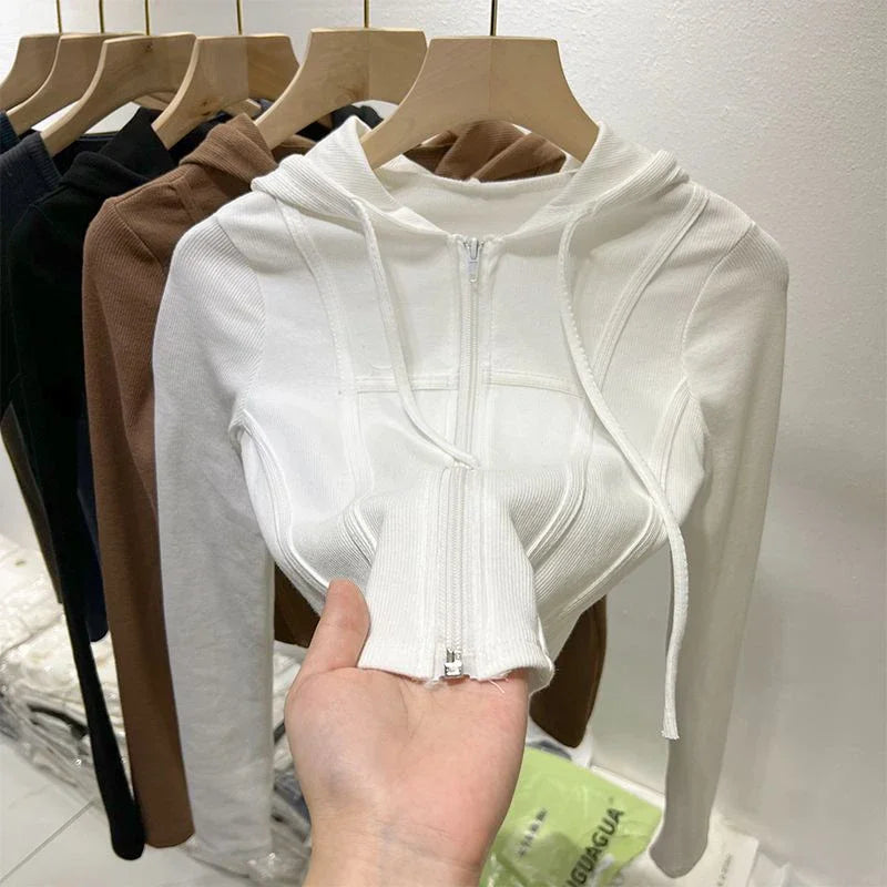 Zipper Hoodes Sweatshirt Korean Women Thin Skinny Casual Sporty Cropped Tops Basic Simple Tennis Jazz Dance Sexy Cardigan