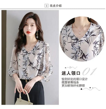 Summer Elegant Fashion Printed 3/4 Sleeve Shirt Women's Clothing Commute Loose Beading Spliced V-Neck Chiffon Blouse for Female