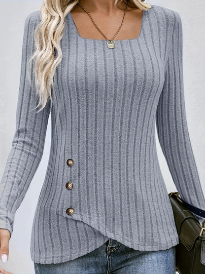 Square Neck Solid Ribbed Button DecorT-Shirt, Casual Long Sleeve Top For Spring & Fall, Women's Clothing