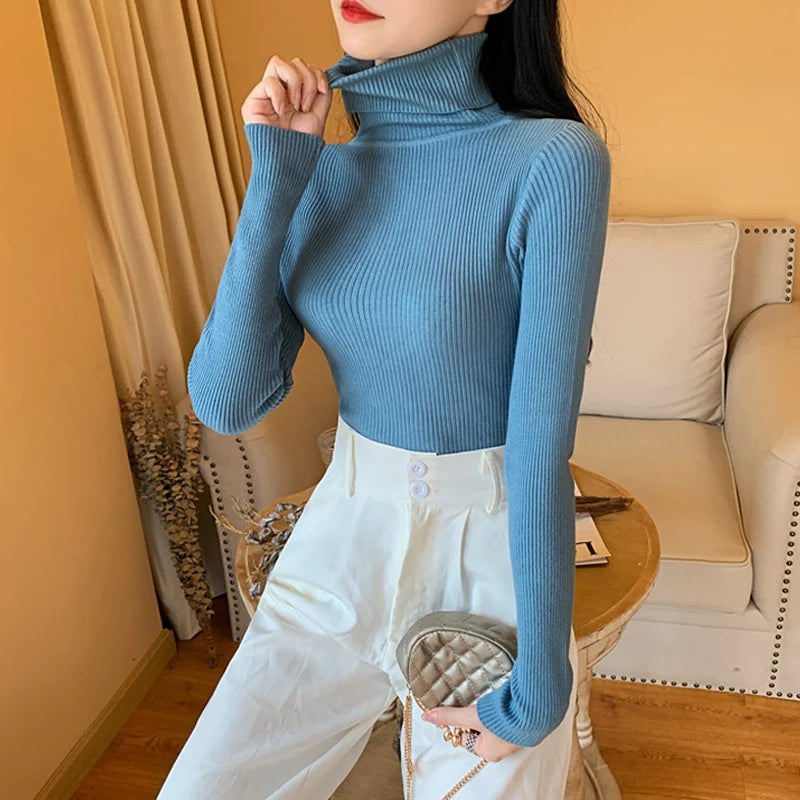 2024 Autumn Winter Women Long Sleeve Knitted Foldover Turtleneck Ribbed Pull Sweater Soft Warm Femme Jumper Pullover Clothes