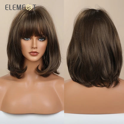 Element 16 Inch Synthetic Wig With Bangs Natural Headline Ombre Brown Color Fashion Cosplay Party Replacement Wigs for Women