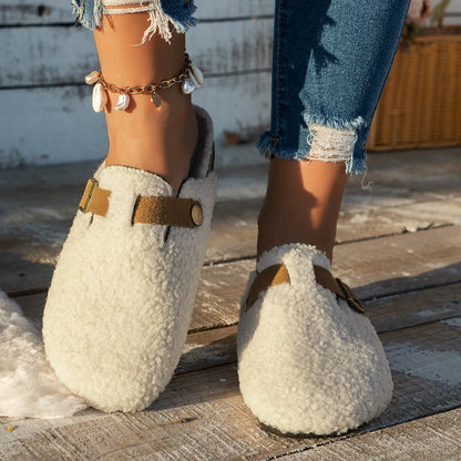 Women Slippers Mules Fur Women Shoes Winter New Buckle Flats Platform Walking Plush Ladies Slides Casual Warm Indoor Boots Women