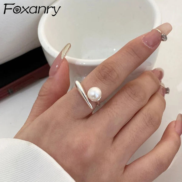 Foxanry Silver Color Pearl Rings For Women Girls Minimalist Classic Elegant Sweet Gentle Temperament Wedding Bride Jewelry Gifts