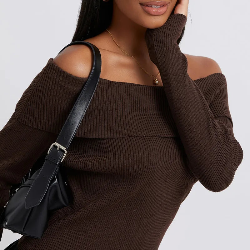 Top Women Off Shoulder Knit Sweaters Crop Tops Spring Autumn Clothes Elegant Long Sleeve Solid Color Slim Ribbed Sweaters