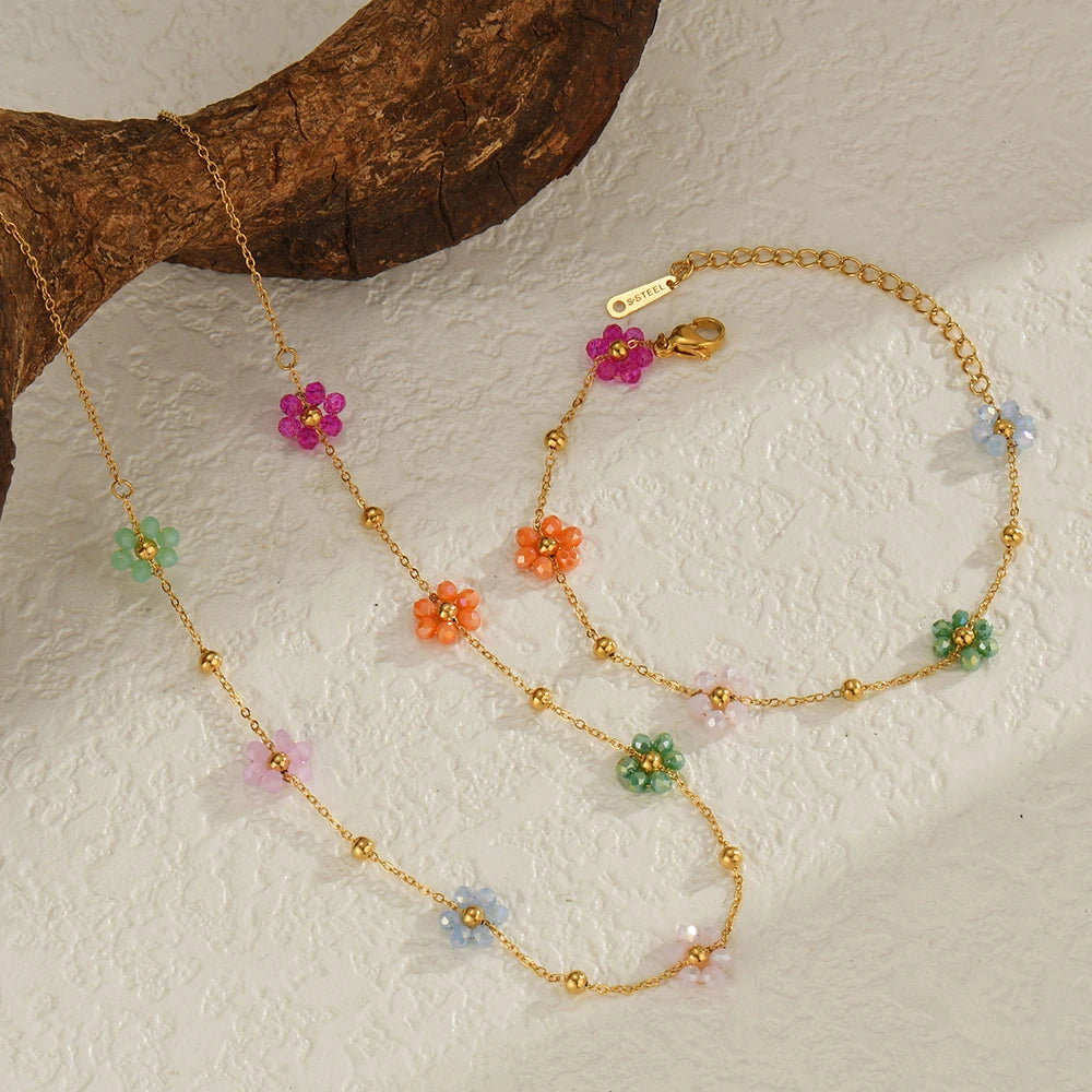 Gold Plated Stainless Steel Waterproof Necklace Bracelet Set Colorful Artificial Crystal Flower Chain Jewelry Set for Women Gift