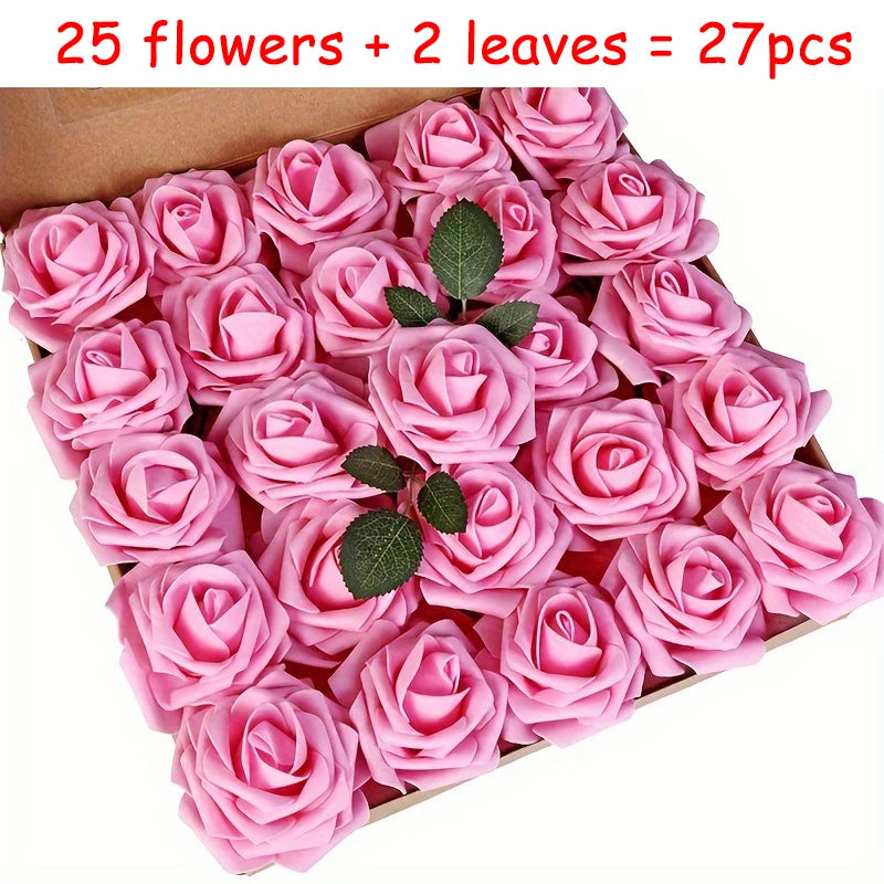 27pcs Artificial Flowers, Fake Flowers Roses W/stem For Party DIY Wedding Bouquets Centerpieces Arrangements, OPP bag packaging