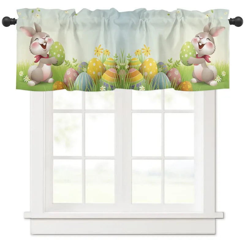 Easter Curtain Decorative for Kitchen Living Room Window Decor Rabbit Flowers Plant Retro Small Window Short Curtain 137x45cm