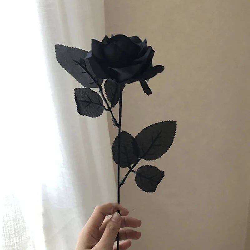 1Pcs Gothic Black Artificial Silk Rose Bouquet Halloween Branch Home Simulation Rose Fake Flower DIY Wedding Party Decor