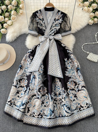 Neploe Sweet Women V Neck Puff Sleeve Femme Robe Vintage Slim Fit Lace Up Print Embroidery Dress New Panelled Big Swing Mujer