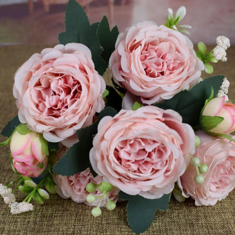 Hot Sale Simulation Peony 9 Heads Silk Artificial Flowers Bouquet Big DIY Fake Flowers For Home Wedding Decoration Indoor Office