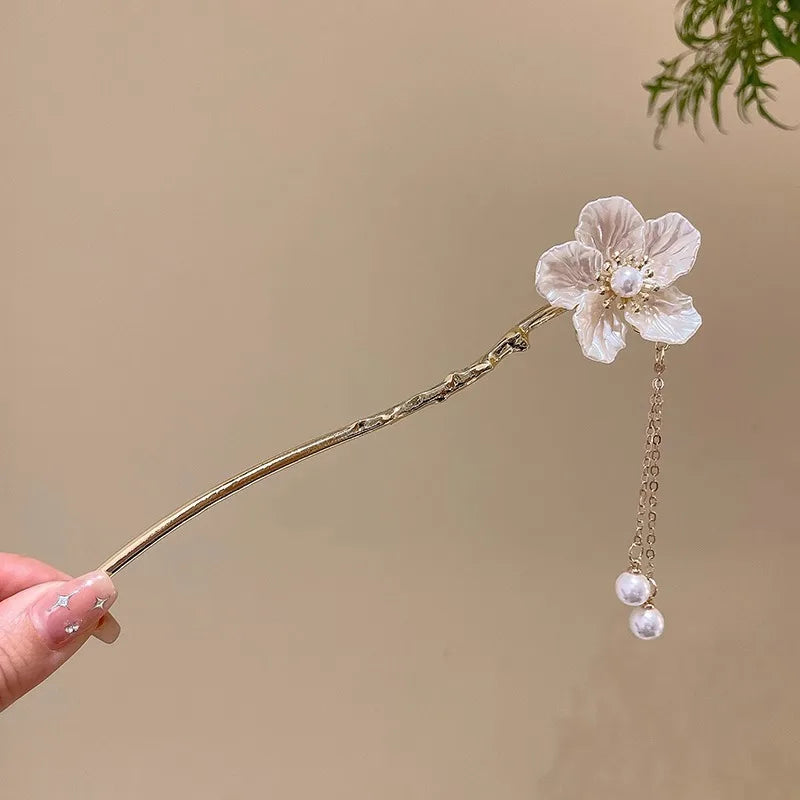 Elegant Chinese Style Hair Accessory Romantic Enameled Flower Tassel Hair Clip Alloy Jewelry Hairpin For Women Fashion Hairpin