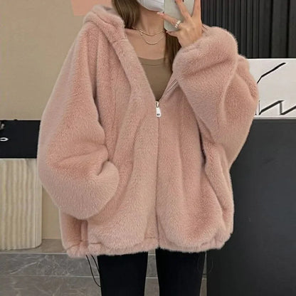 Faux Fur Coat Women Casual Hoodie Loose Fluffy Thicken Warm Jacket Female Winter Fashion Solid Zipper Warm Outwears Lady