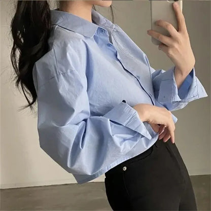 Spring New Casual Long Sleeve Women White Shirt Korea Style Solid Button Split Woman Crop Tops Blouse Party Clothing