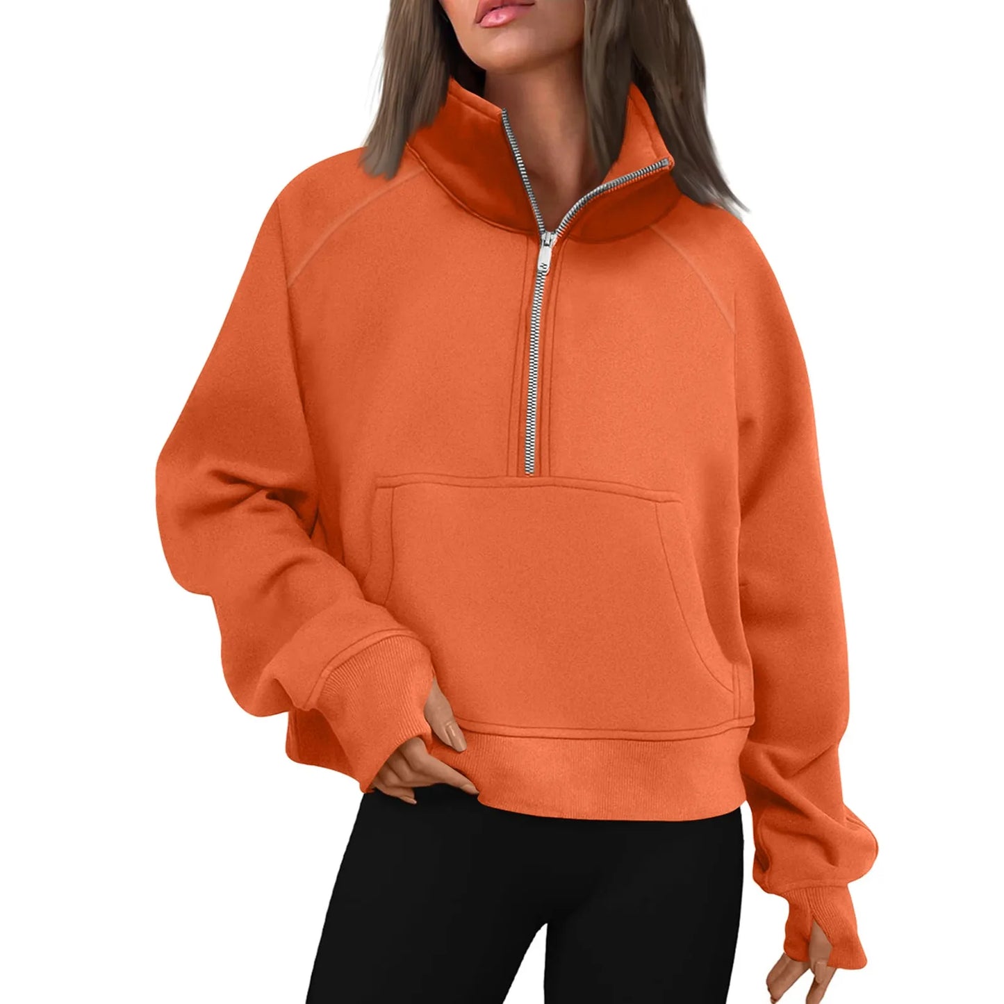 Women's Stand Collar Plus Fleece Solid Color Hoodie  Long Sleeve Pocket Loose Half Zip Pullover Hoodie Top лонгслив женский