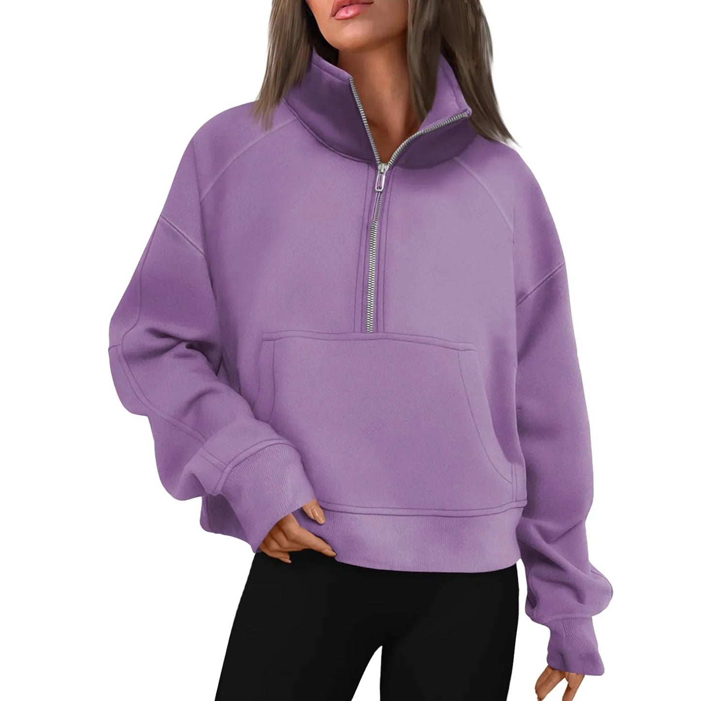 Women's Stand Collar Plus Fleece Solid Color Hoodie  Long Sleeve Pocket Loose Half Zip Pullover Hoodie Top лонгслив женский