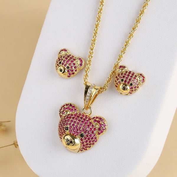 Classic zirconia bear stud necklace Cute animal cartoon stylish temperament women party wedding jewelry wholesale